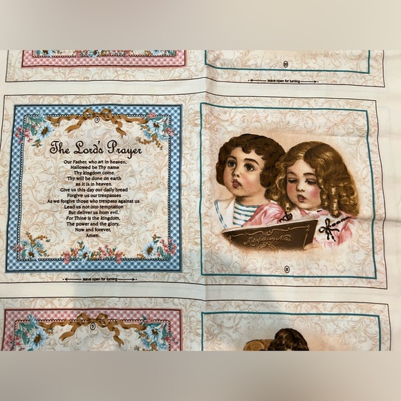 VTG Fabric Learning To Pray Victorian Children Cheat Quilt Squares 68”x44” - Picture 2 of 14